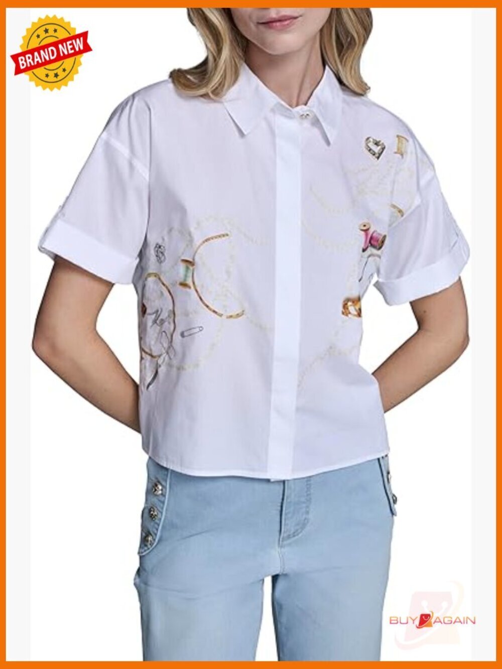 Relaxed Fit Cotton Blouse with Whimsical Sewing Scenes Design